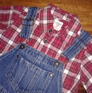 Jean Overall and Plaid Shirt Set